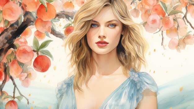 Kolorowy obraz pięknej kobiety z brzoskwiniami