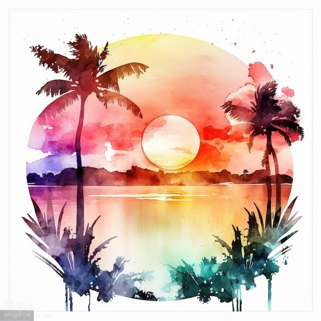 Kolorowy obraz plaży z palmami i świecącym na nią słońcem.