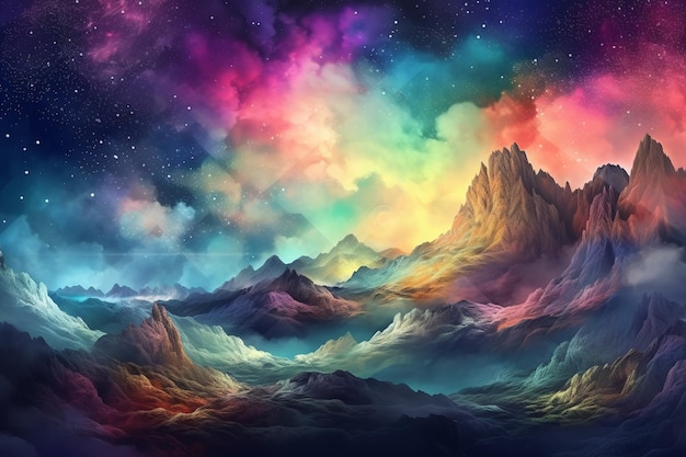 Kolorowy obraz przedstawiający górski pejzaż z kolorowym niebem i napisem „tęcza” na spodzie.