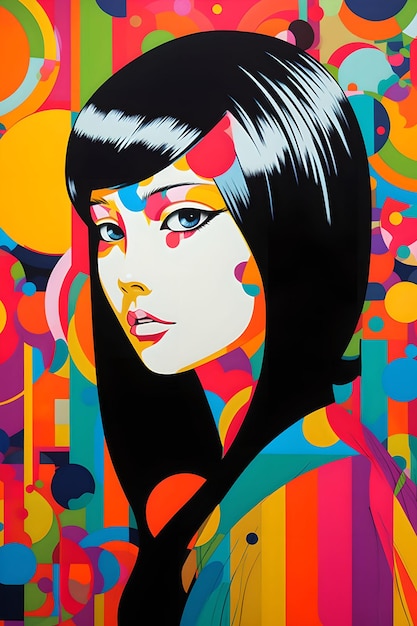 Kolorowy obraz przedstawiający kobietę o czarnych włosach i niebieskich oczach.
