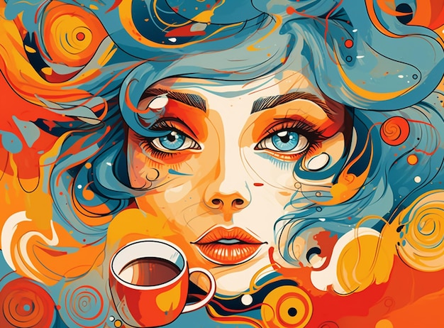 Kolorowy obraz przedstawiający kobietę o niebieskich włosach i filiżankę kawy.