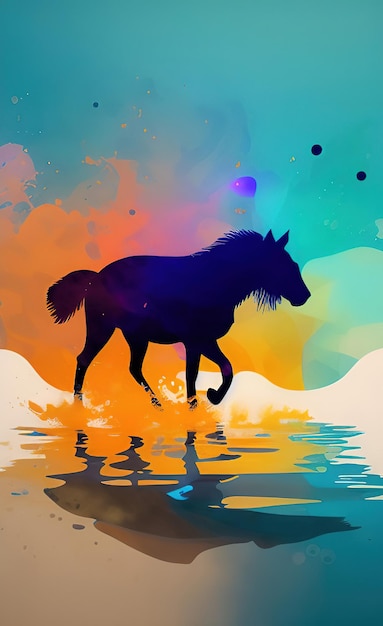 Kolorowy obraz przedstawiający konia z czarną sylwetką.