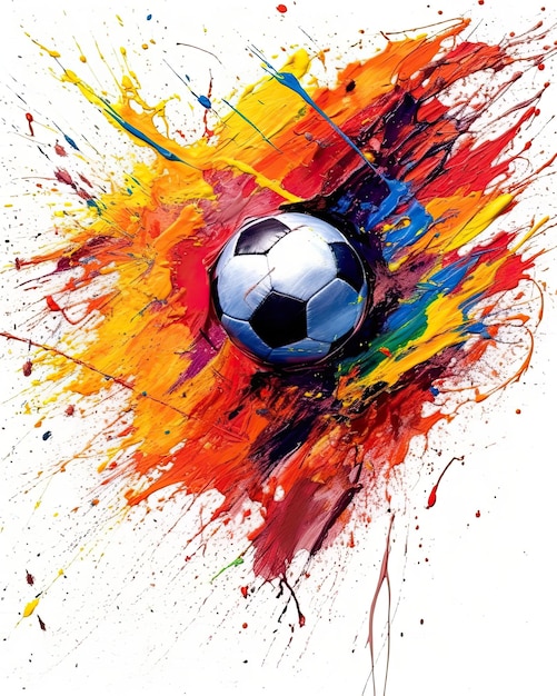 Kolorowy obraz przedstawiający piłkę nożną z plamami farby.