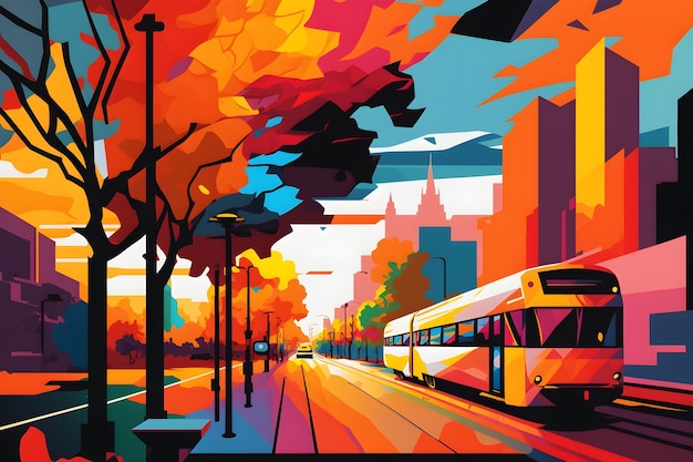 Kolorowy obraz przedstawiający pociąg jadący ulicą miasta.