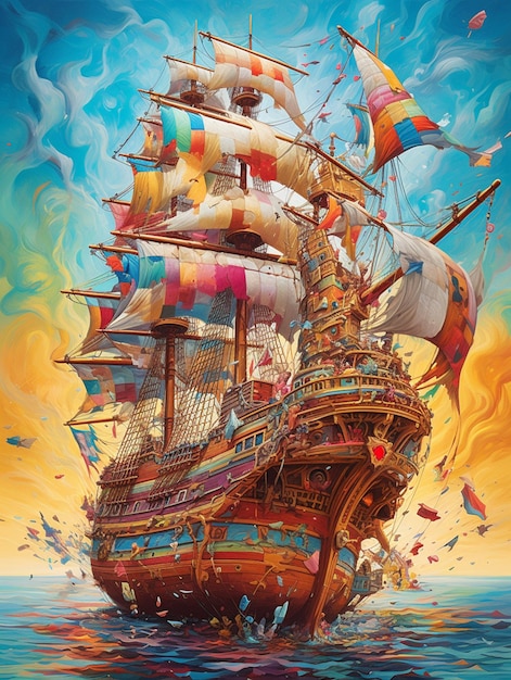 Kolorowy obraz przedstawiający statek z wieloma żaglami