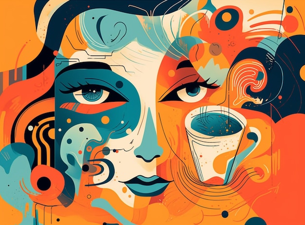 Kolorowy obraz przedstawiający twarz kobiety z filiżanką kawy pośrodku.
