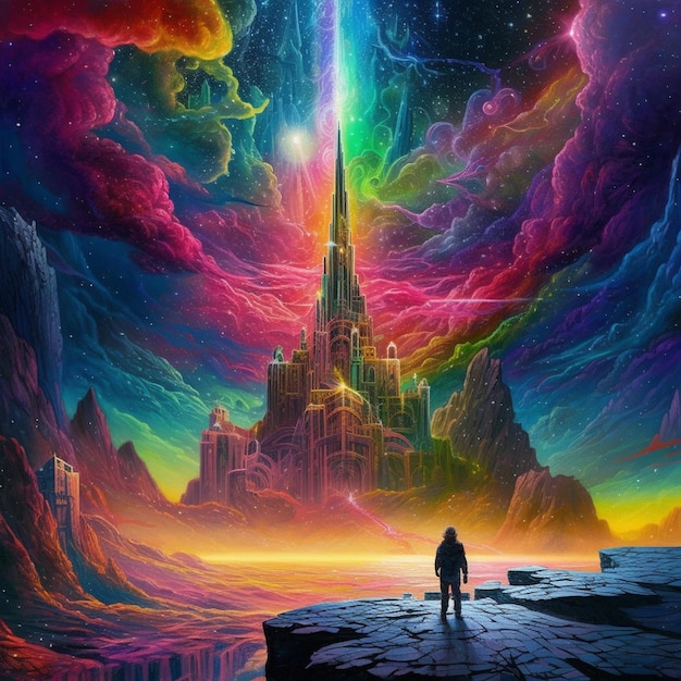 Kolorowy obraz przedstawiający zamek z mężczyzną stojącym przed nim.