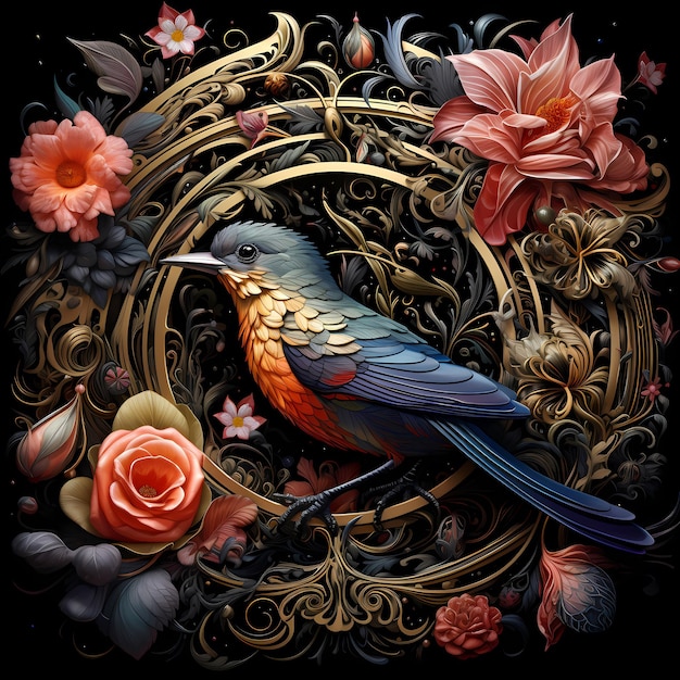 kolorowy obraz ptaka z kwiatami i ramką z ptakem na niej.