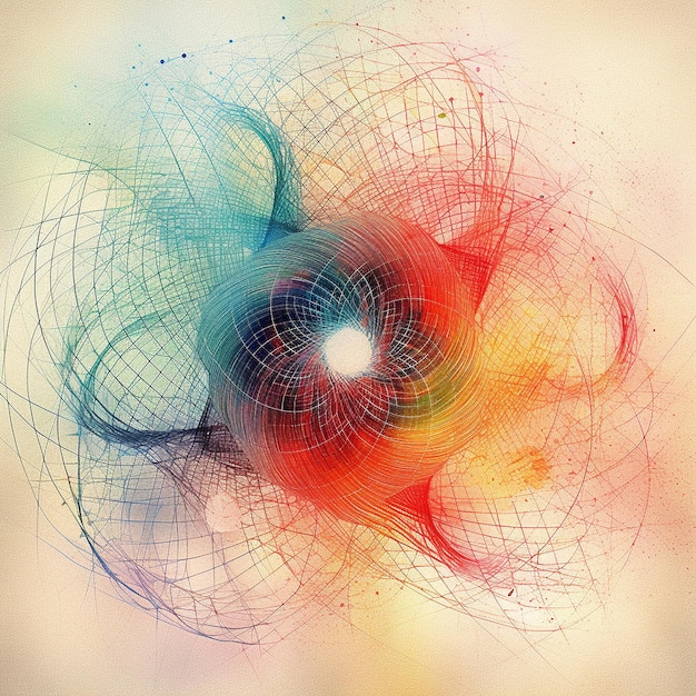 kolorowy obraz spirali z kręgiem niebieskich i czerwonych linii.