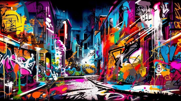 Kolorowy obraz uliczny ze słowem graffiti.