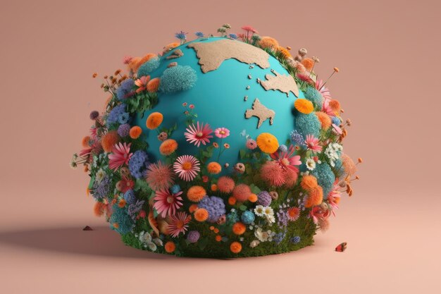 Kolorowy obraz ziemi z kwiatami wokół niego na tle Światowego Dnia Ziemi