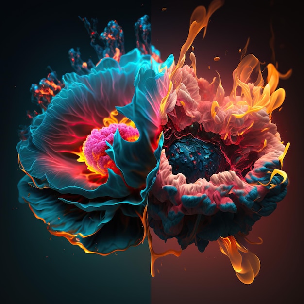Kolorowy obrazek przedstawiający kwiat z płomieniem na dole