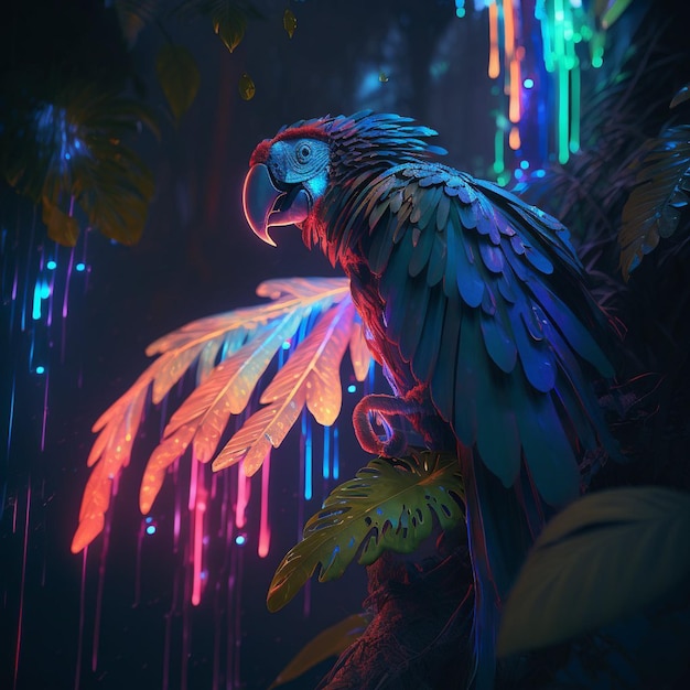 Kolorowy obrazek przedstawiający papugę z niebieską głową i skrzydłami.