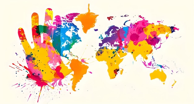 Kolorowy odcisk dłoni z tętniącymi życiem plamami tworzący mapę świata Kreatywna koncepcja globalnej jedności i różnorodności Idealna dla projektów artystycznych i wydarzeń wielokulturowych Materiał edukacyjny dla dzieci AI
