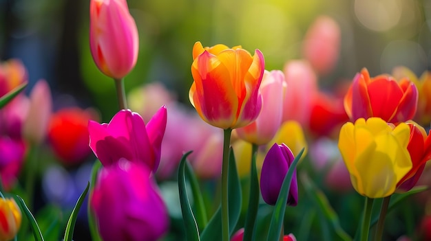 Kolorowy ogród tulipanów wiosną Generatywna sztuczna inteligencja