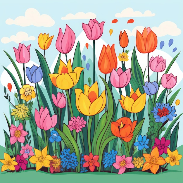 Zdjęcie kolorowy ogród wiosenny z kwitnącymi tulipanami i narcyzami