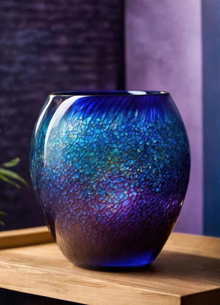 Zdjęcie kolorowy ozdobny szklany wazon z zielonym i niebieskim wzorem na stole