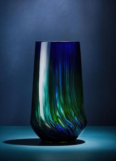 Kolorowy ozdobny szklany wazon z zielonym i niebieskim wzorem na stole