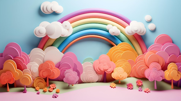 kolorowy papierowy krajobraz 3D z piękną i żywą ilustracją tęczy i chmur