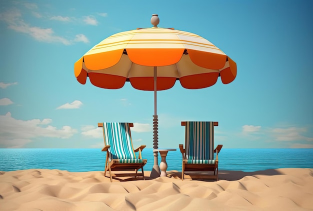 Kolorowy parasol słoneczny z krzesłami na piaszczystej plaży w stylu daz3d