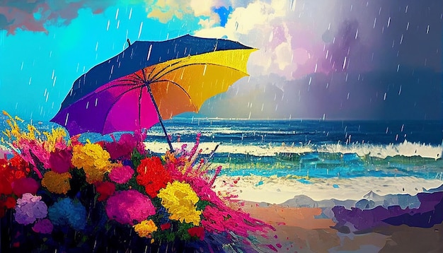 Kolorowy parasol z napisem deszcz
