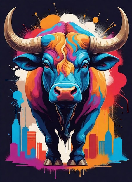 kolorowy plakat byka z miastem na tle