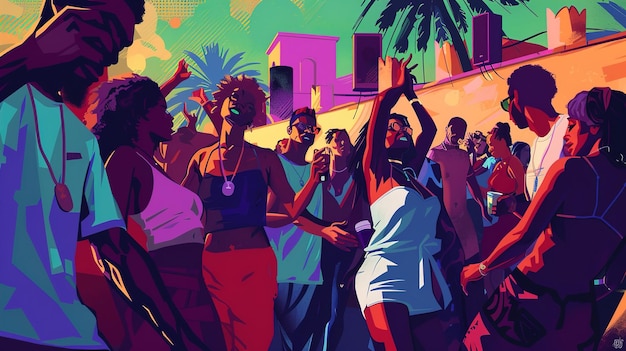 kolorowy plakat grupy ludzi tańczących przed palmą