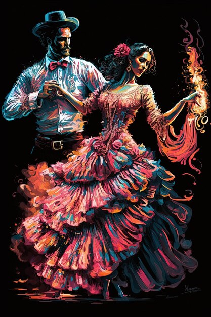 Zdjęcie kolorowy plakat przedstawiający mężczyznę i kobietę tańczących z płomieniem w dłoniach.