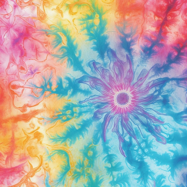 Zdjęcie kolorowy plakat tie-dye z dużym kwiatem pośrodku.