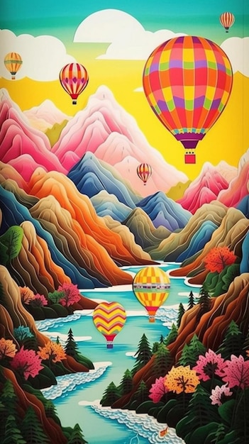 Kolorowy plakat z górą i balonami nad nią.