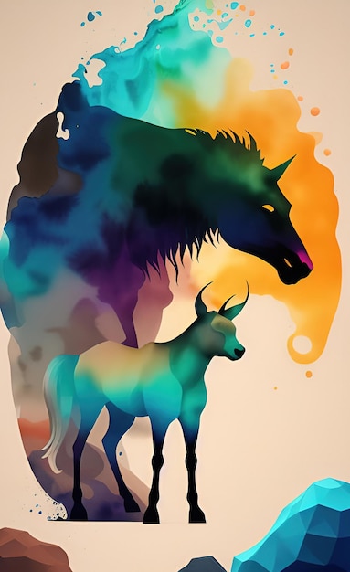 Kolorowy plakat z koniem i kozą.