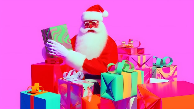 Kolorowy plakat z napisem Święty Mikołaj trzymający pudełko na różowym tle.