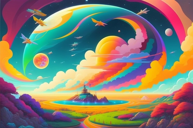Kolorowy plakat z planetą i samolotem lecącym po niebie.