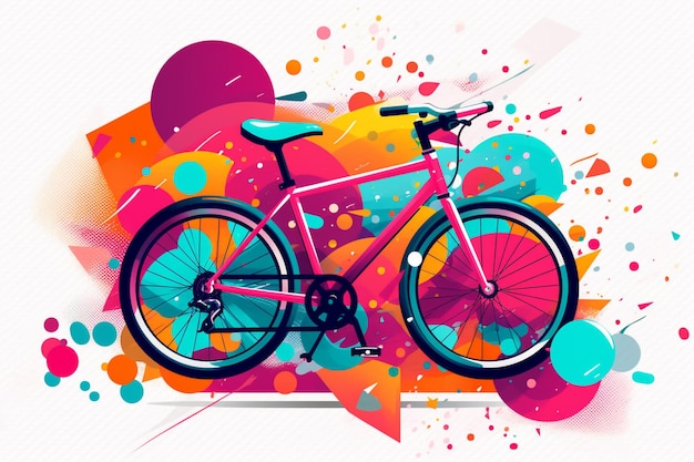 Kolorowy plakat z rowerem w kolorze różowo-niebieskim.