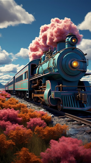 Zdjęcie kolorowy pociąg jedzie przez gorące, pochmurne letnie popołudnie pionowa tapeta mobilna
