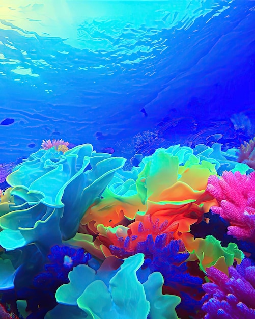 Kolorowy podwodny obraz rafy koralowej z pływającą w wodzie rybą.