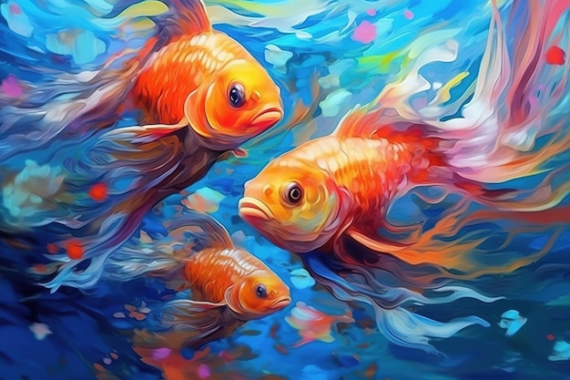 Kolorowy podwodny świat fantasy z pięknymi rybami Obraz olejny w abstrakcyjnym stylu Generacyjna sztuczna inteligencja