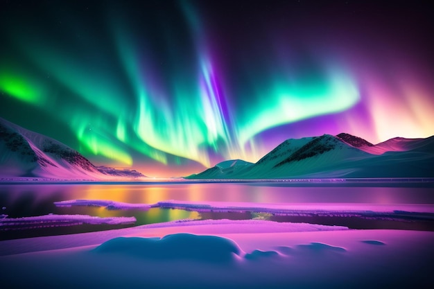 Kolorowy pokaz zorzy polarnej nad zamarzniętym jeziorem