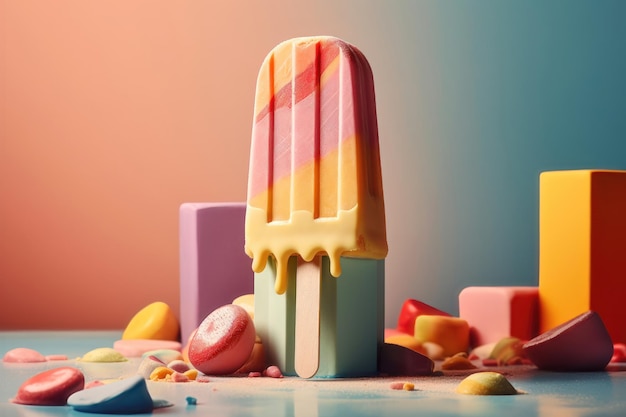 Kolorowy popsicle z lodami na pastelowym tle generowany przez sztuczną inteligencję