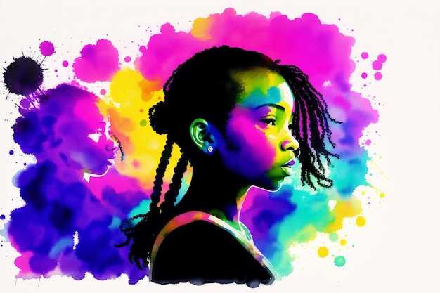 Kolorowy portret dziewczynki ze słowem miłość.
