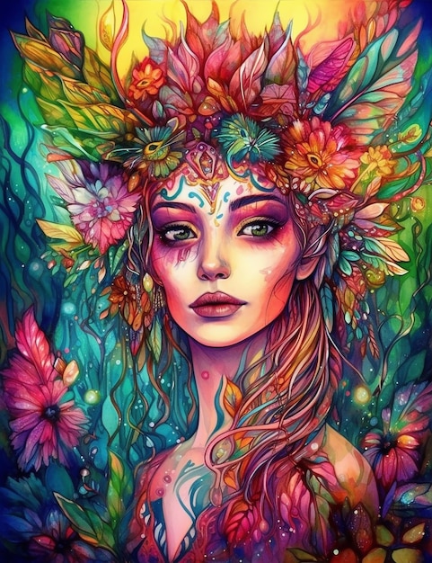 Kolorowy portret kobiety z wieńcem kwiatów na głowie.