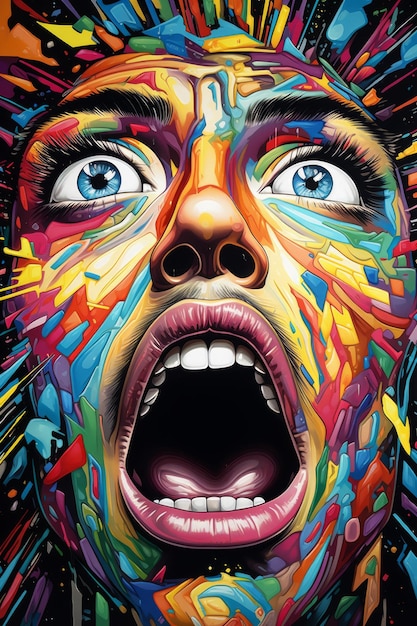 Kolorowy portret krzyczącej kobiety z niebieskimi oczami