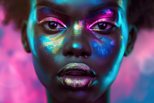 Kolorowy portret pięknej czarnej kobiety z różowymi ustami