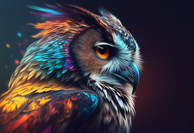 Kolorowy portret sowy na ciemnym tle generatywnej ilustracji 3D ai
