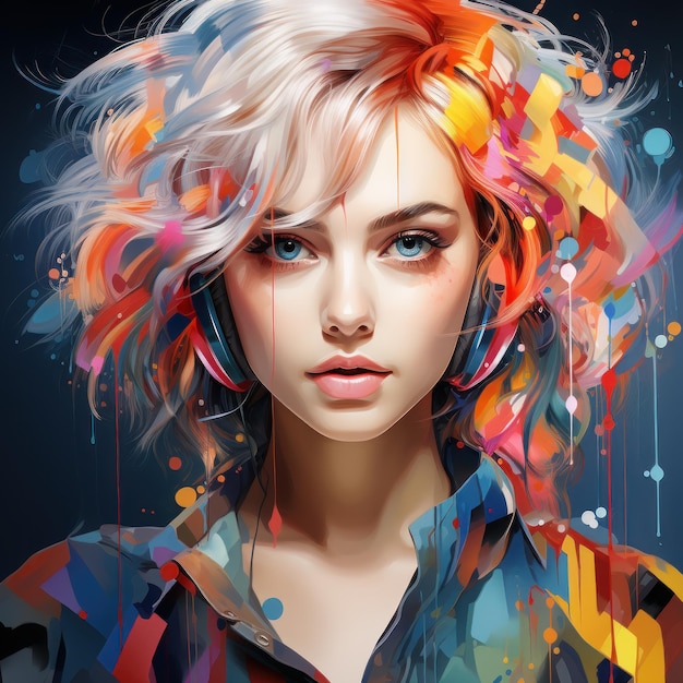 Kolorowy portret uroczej twarzy kobiety zainspirowany stylem pointillizmu i malarstwa olejowego