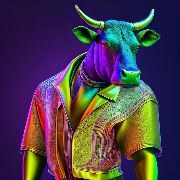 Kolorowy posąg byka w garniturze i krawacie.