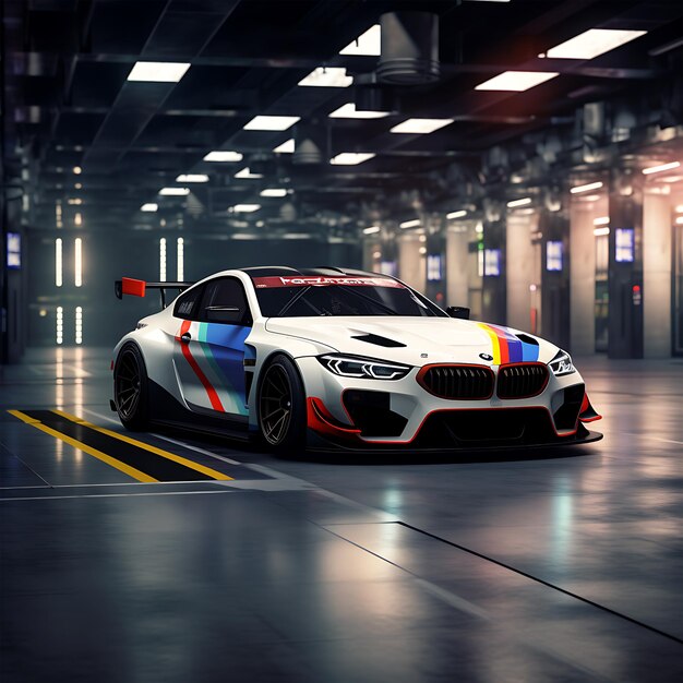 Kolorowy, potężny samochód wyścigowy w garażu przedstawiający przyszłość