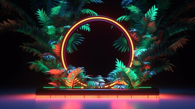 Zdjęcie kolorowy projekt tropikalnej imprezy z liśćmi palmowymi i neonowym jasnym tłem