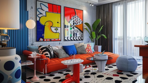 Kolorowy projekt wnętrz inspirowany sztuką pop Żywy salon z dziełami sztuki
