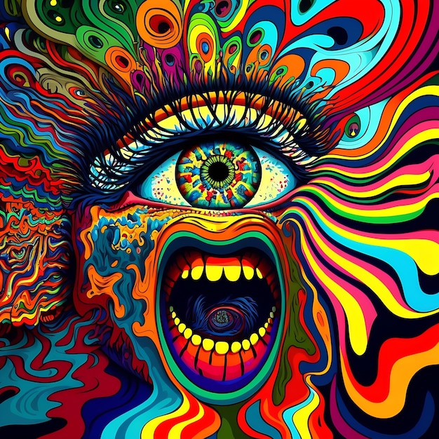 Kolorowy psychodeliczny obraz ludzkiej twarzy z dużym okiem i dużym okiem.